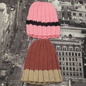 Stylish Pink and Brown Knit Beanie Set
